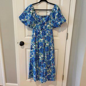 Blue Floral Puff Sleeve‎ Midi Dress - Size Small